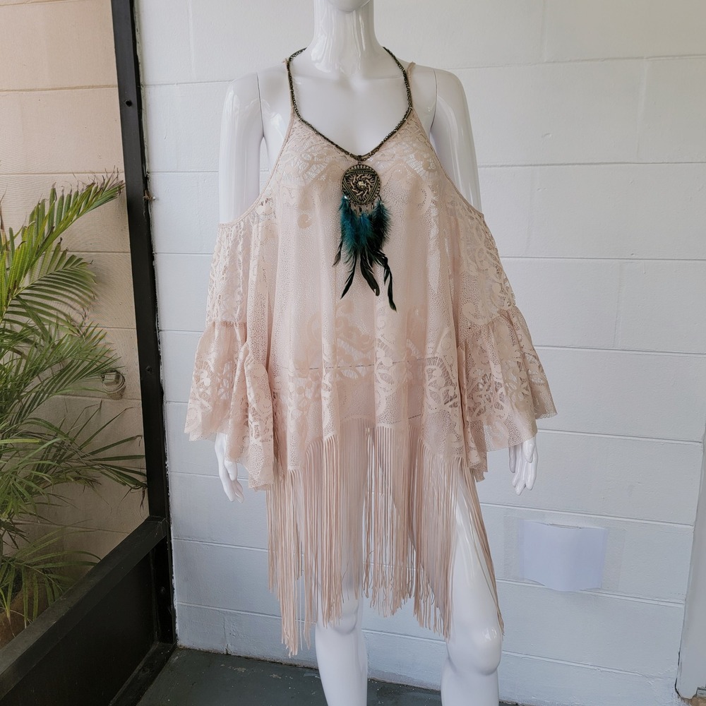 NWT Easel Lace Fringe Tunic Top Beige Women's L Boho Chic Festival‎ Romantic